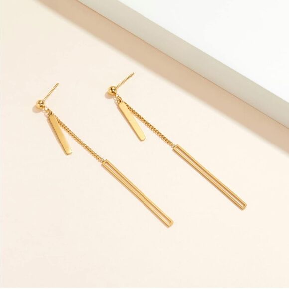 Gold 14k Gold Plated Bar Chain Drop Earrings - Picture 2 of 4
